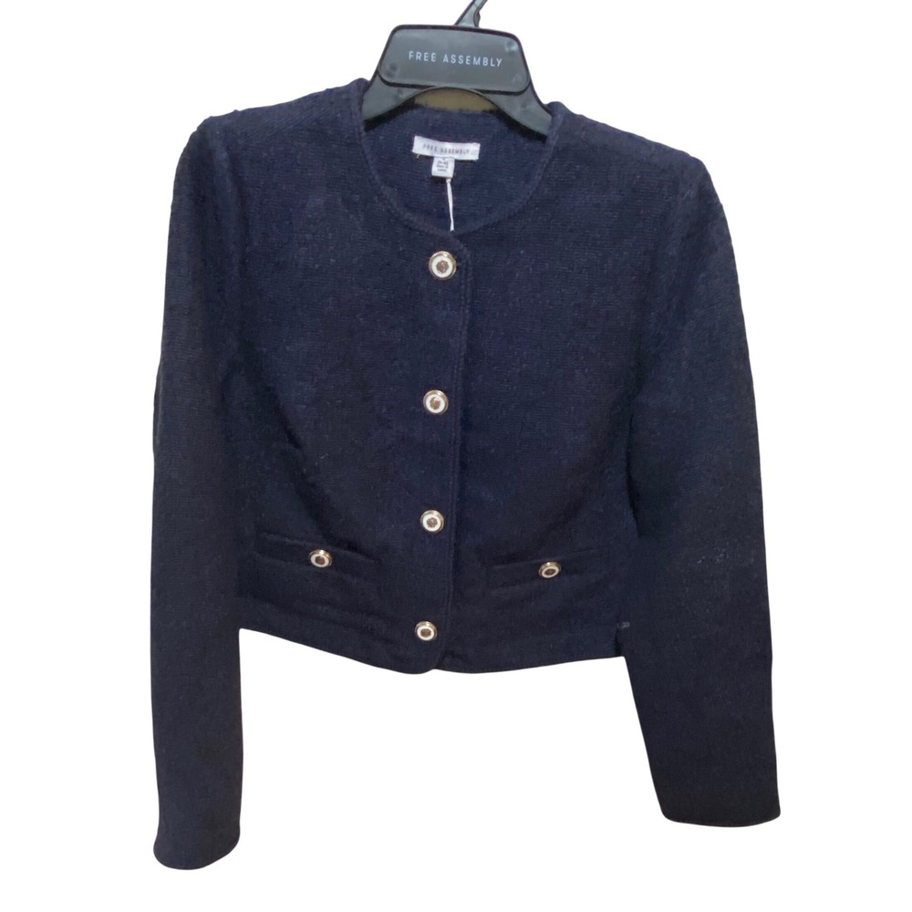 Free Assembly Womens LS Crew Neck Jacket Darkest Navy Boucle Cropped Small 4-6
